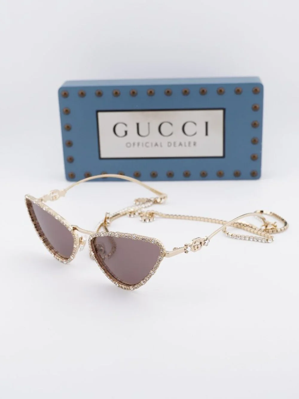 Gucci GG1569S 001 Cat Eye Sunglasses - Gold with White Stone / Brown